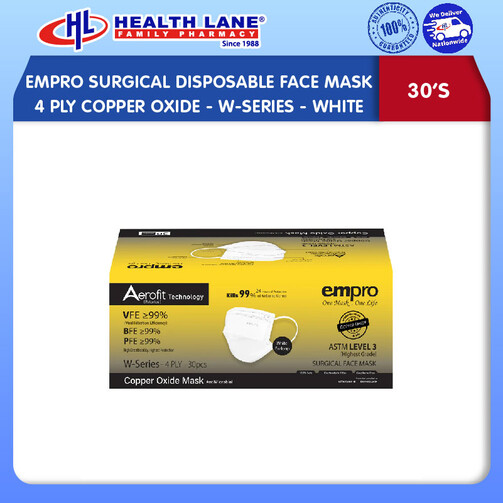 EMPRO SURGICAL  MASK MUKA 4 PLY COPPER OXIDE 30'S- W-SERIES- WHITE